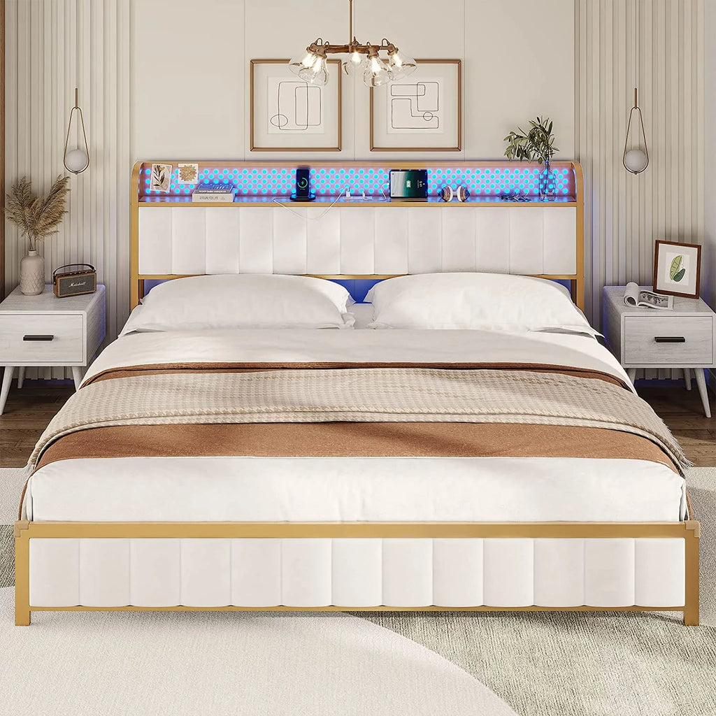 LED Queen Bed Frame with Storage Headboard and Drawers Z5430