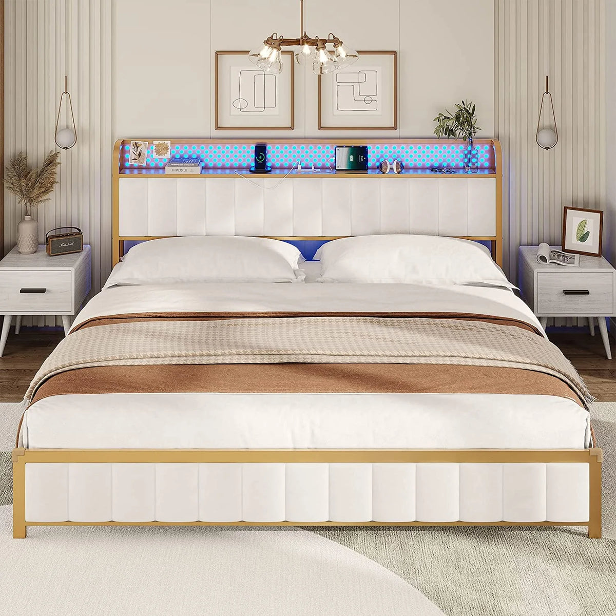 LED Queen Bed Frame with Storage Headboard and Drawers Z5430