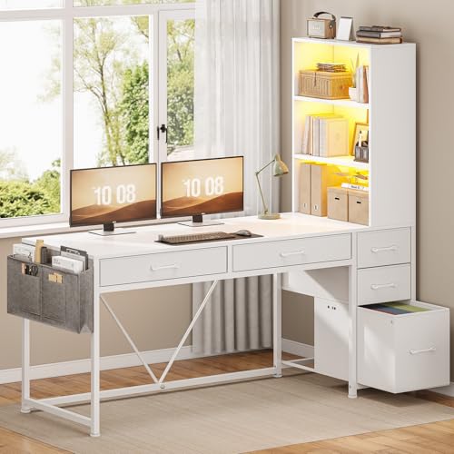 White Computer Desk with 5 Drawers and Bookshelf T11606