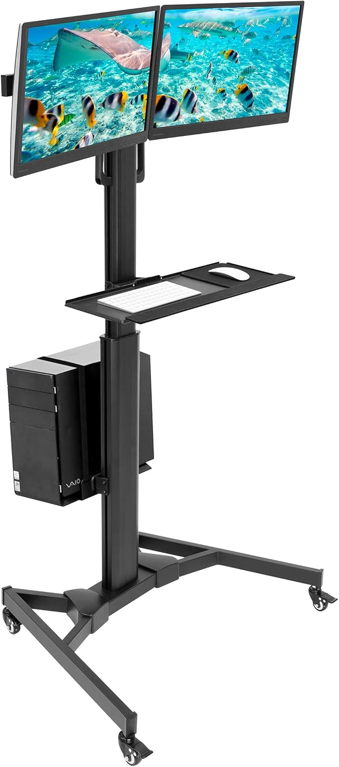 Adjustable Mobile Dual Monitor PC Workstation Cart with Keyboard Tray G187028