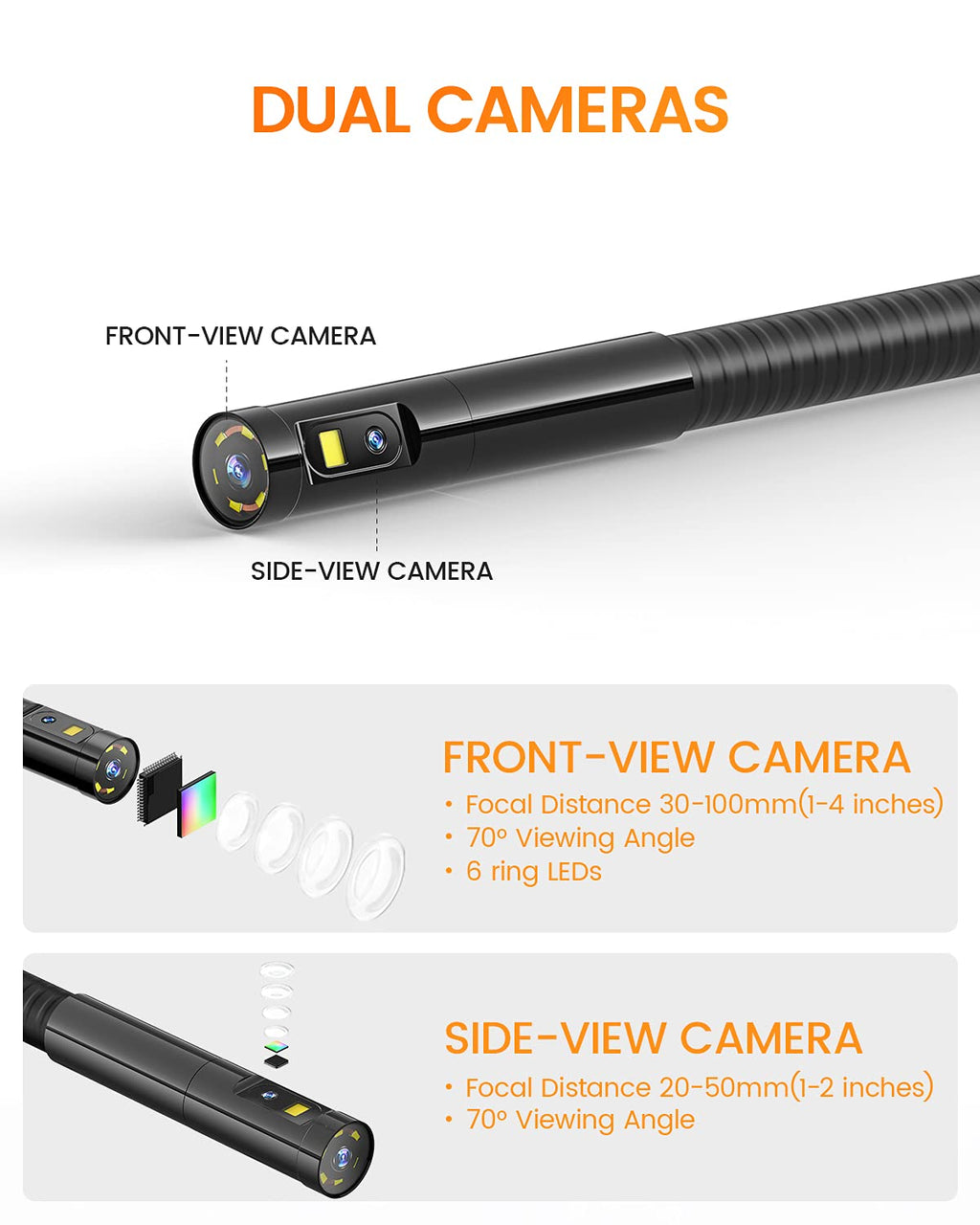 Dual Lens Inspection Camera with Light, 5 IPS Screen, 16.4ft Flexible Probe, 1080p W158