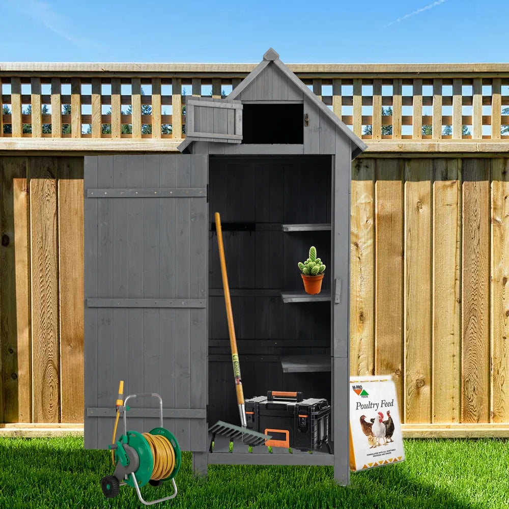 Gray Outdoor Wood Storage Cabinet with Shelves B1005