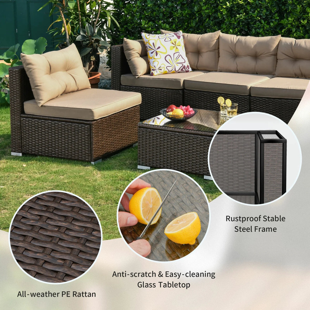 7-Piece Brown PE Rattan Patio Conversation Set D4832