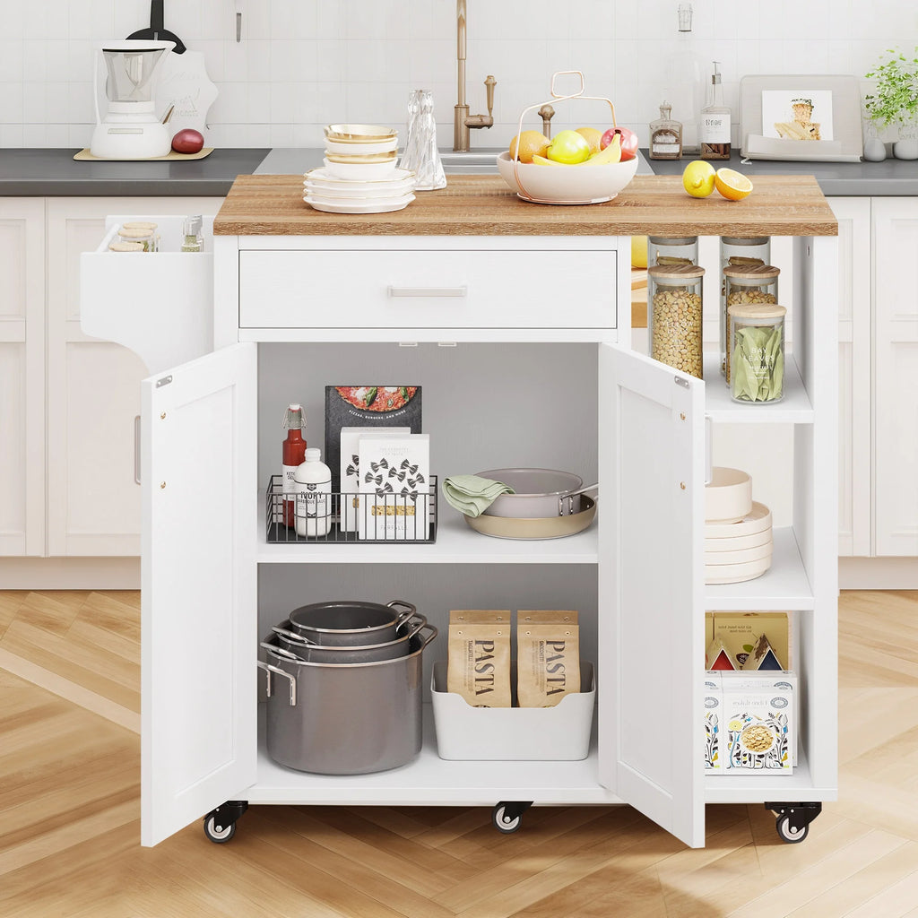 37" White Kitchen Island Cart with Storage Cabinet and Drawer Z969