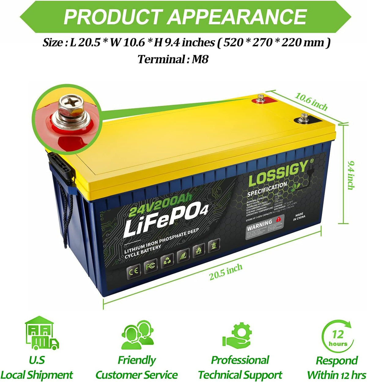 12V 200Ah LiFePO4 Lithium Battery with 100A BMS C45254