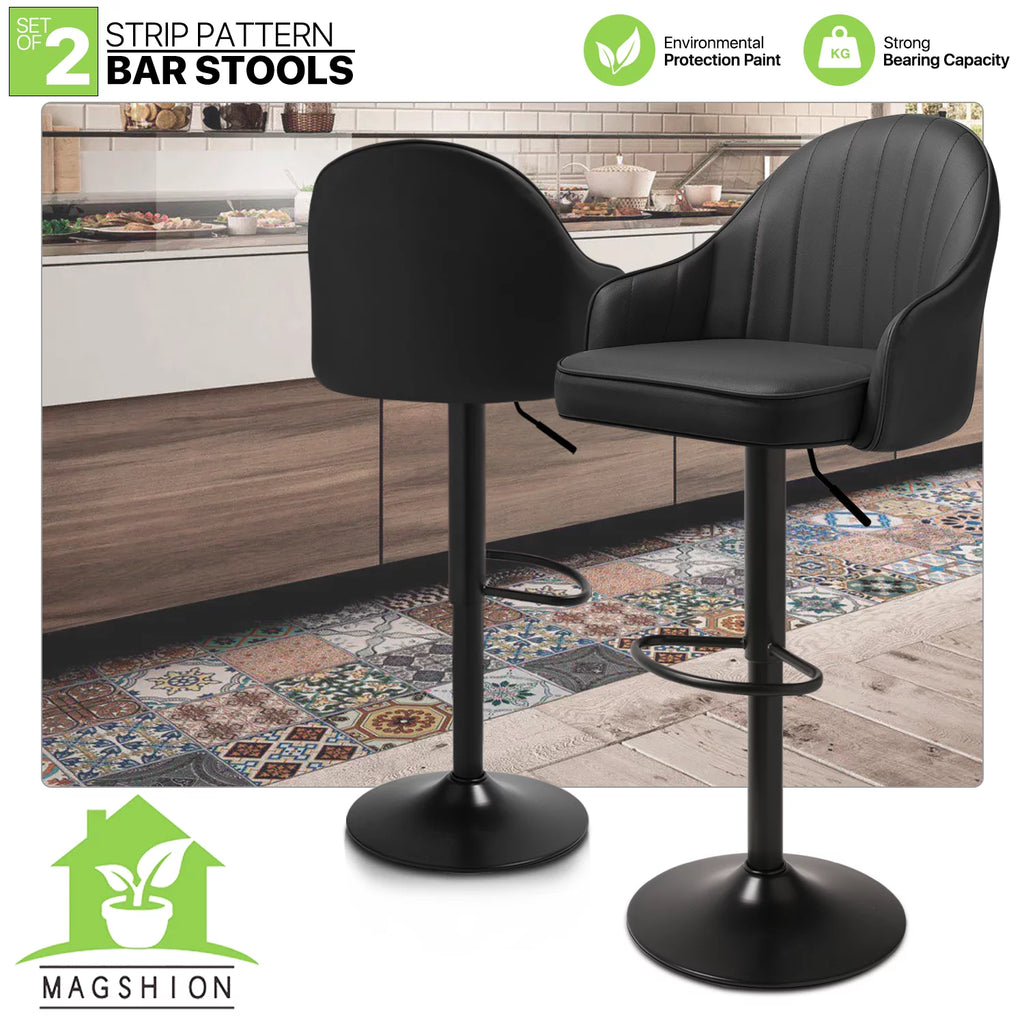 Set of 2 Adjustable Height Black Faux Leather Swivel Bar Stools C9372