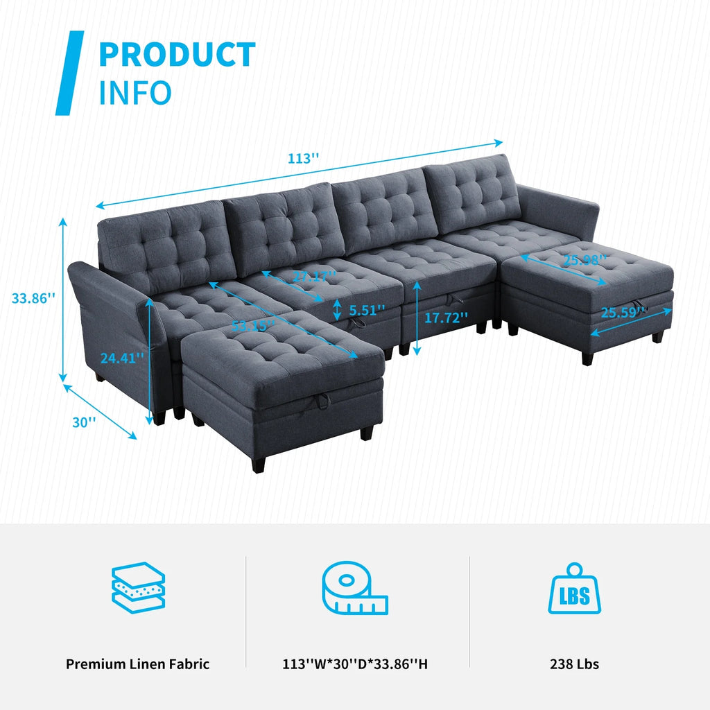 Dark Grey Convertible Sectional Sofa with Storage Ottomans M62808