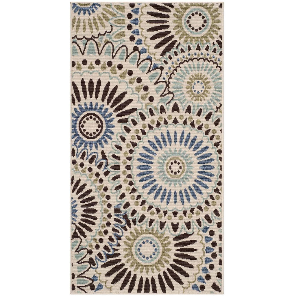 Cream/Blue Geometric Indoor/Outdoor Area Rug W601393