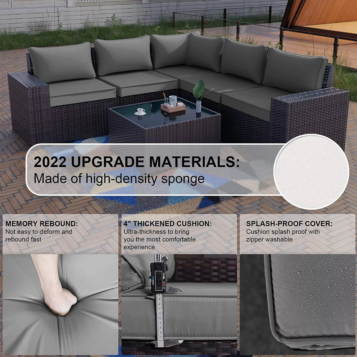 Brown 6 Pieces PE Rattan Wicker Sectional Sofa Set with Navy Blue Cushions and Tempered Glass Table V319402
