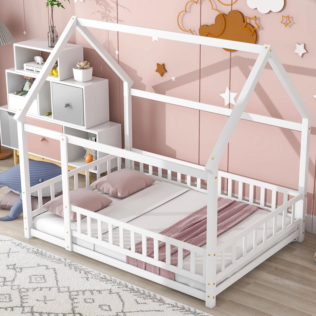 White Full Size Floor Bed with Fence Guardrails and Roof I933509