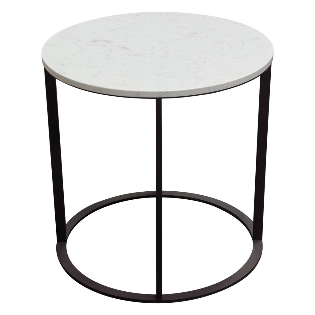 Round End Table with Engineered Marble Top and Black Metal Base E6473