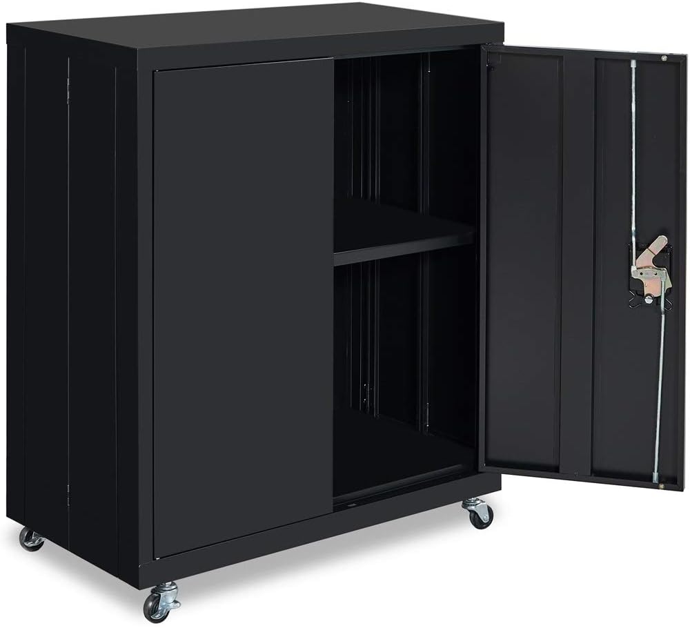 Metal Storage Cabinet with Lock and Wheels, Black P685