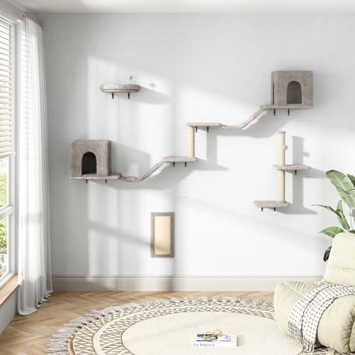 8-in-1 Cat Wall Furniture Set with Tree, Perch, Scratching Post and Bridge B93119