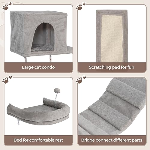 8-in-1 Cat Wall Furniture Set with Tree, Perch, Scratching Post and Bridge B93119