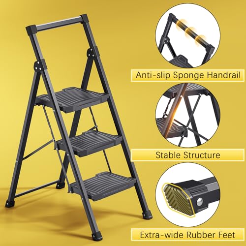 4 Step Ladder with Tool Platform, Anti-Slip, Foldable, Black O470