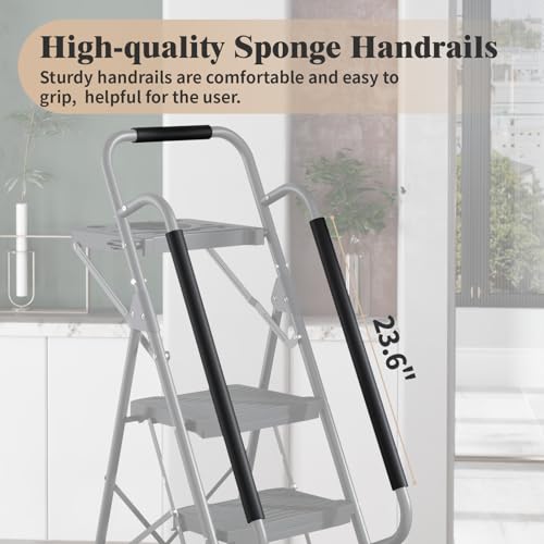 4 Step Ladder with Tool Platform, Anti-Slip, Foldable, Black O470