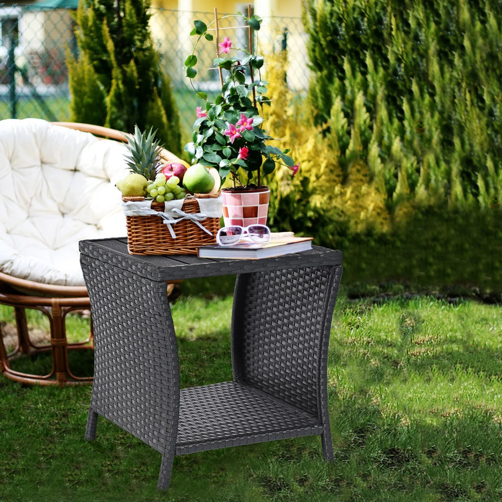 Black Wicker Rattan Outdoor Side Table with Storage Q63646