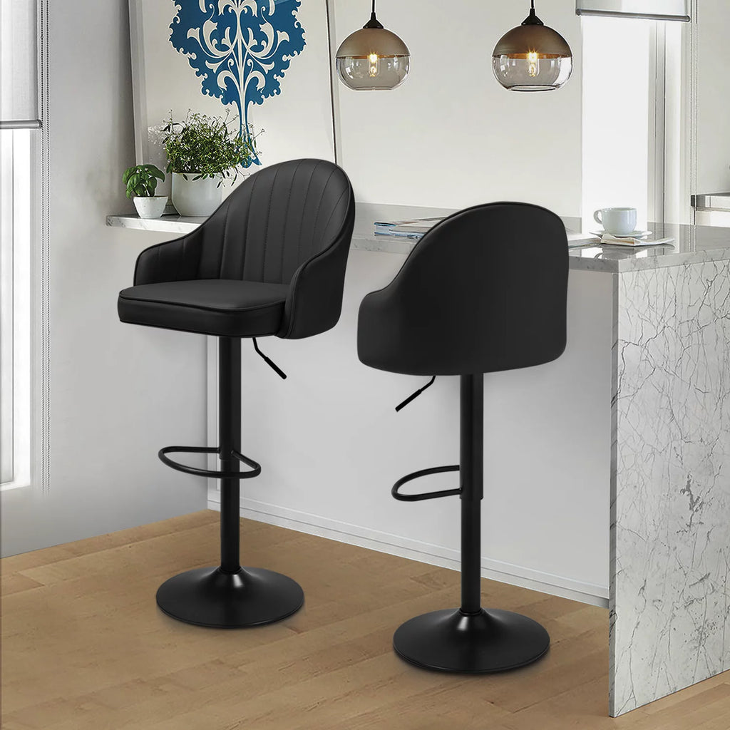 Set of 2 Adjustable Height Black Faux Leather Swivel Bar Stools C9372