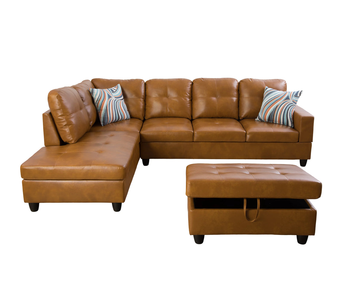 103.50" Wide Ginger Faux Leather Sectional with Ottoman Left Hand Facing E5891