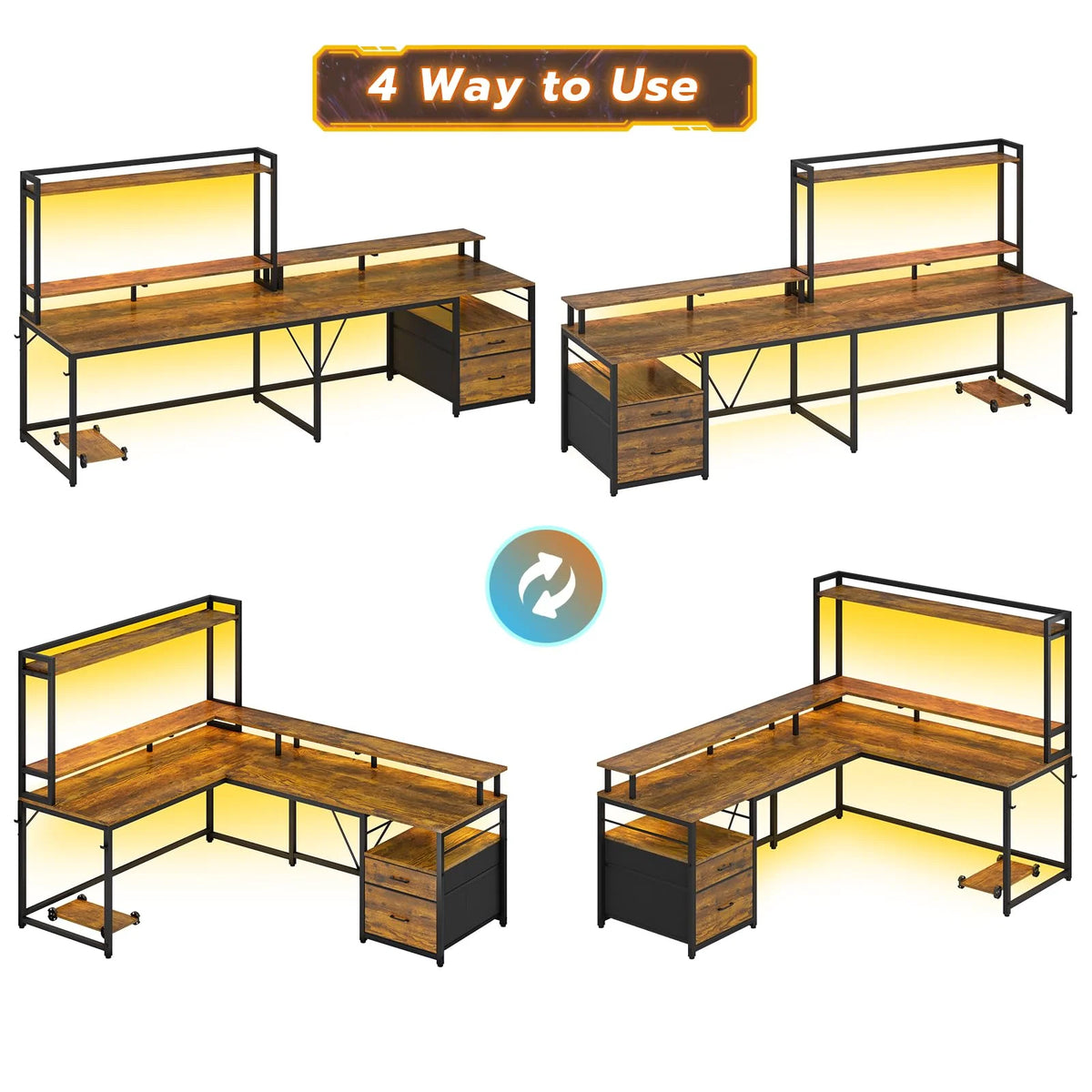 L Shaped Desk with Hutch, File Drawers, Keyboard Tray, Monitor Stand, Storage Shelves, Rustic Brown J586112