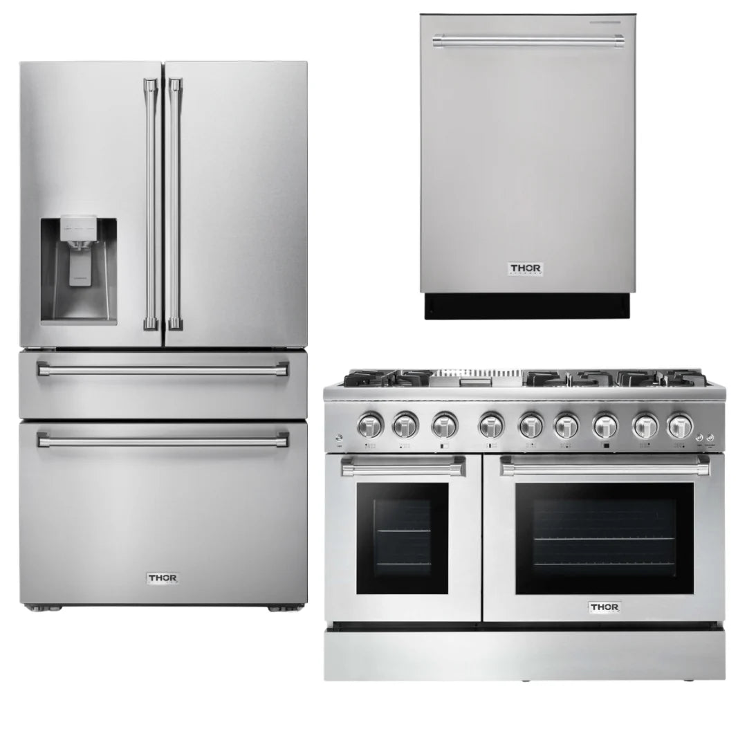 48 Gas Burner Electric Oven Range, Refrigerator with Water and Ice Dispenser, Dishwasher L911