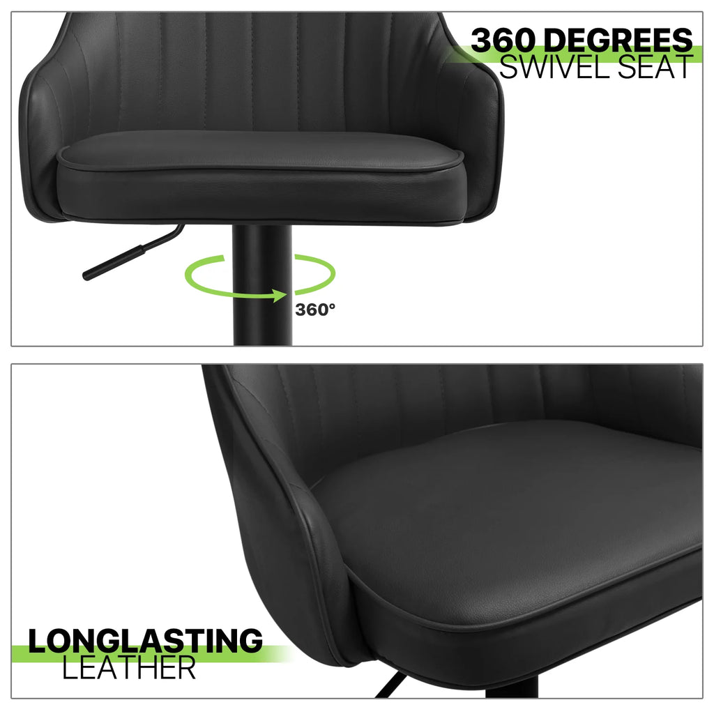 Set of 2 Adjustable Height Black Faux Leather Swivel Bar Stools C9372