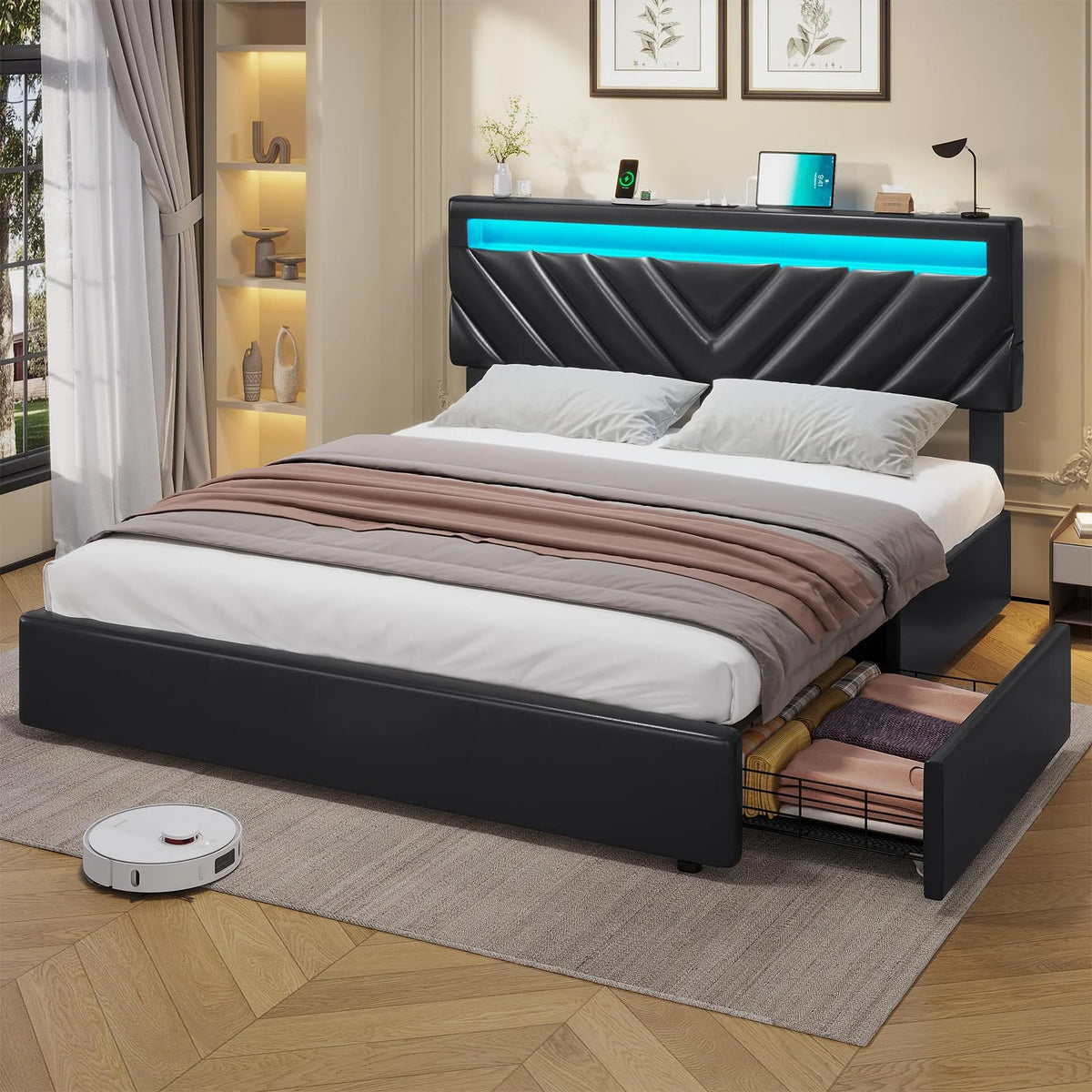 Queen Size LED Upholstered Platform Bed Frame with Drawers N851