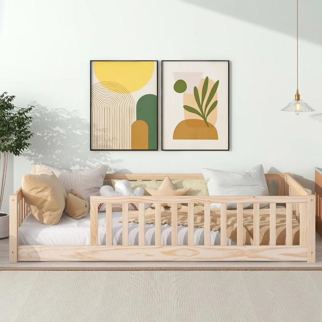 White Full Size Floor Bed with Fence Guardrails and Roof I933509