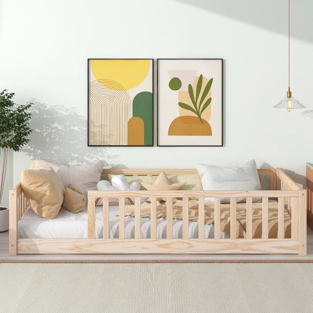 White Full Size Floor Bed with Fence Guardrails and Roof I933509