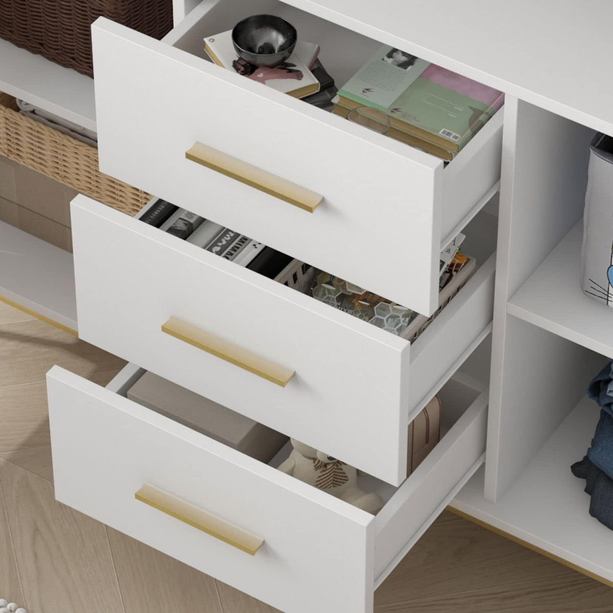 White Modern Sideboard Buffet Storage Cabinet with Gold Metal Legs I38823
