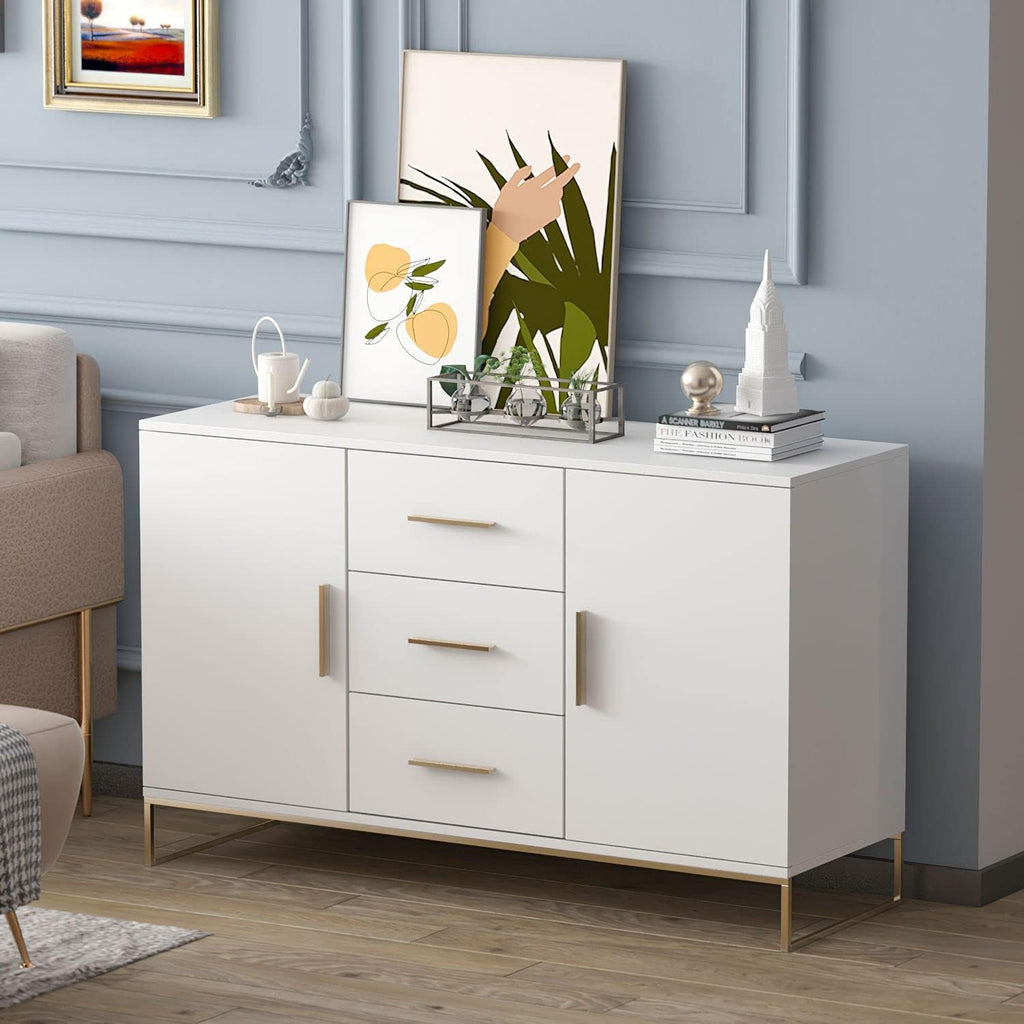 White Modern Sideboard Buffet Storage Cabinet with Gold Metal Legs I38823