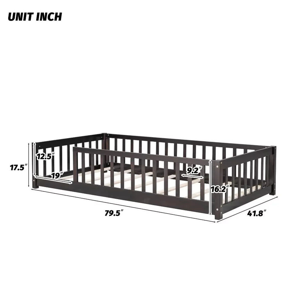 White Full Size Floor Bed with Fence Guardrails and Roof I933509