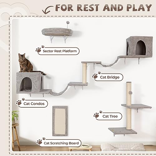 8-in-1 Cat Wall Furniture Set with Tree, Perch, Scratching Post and Bridge B93119