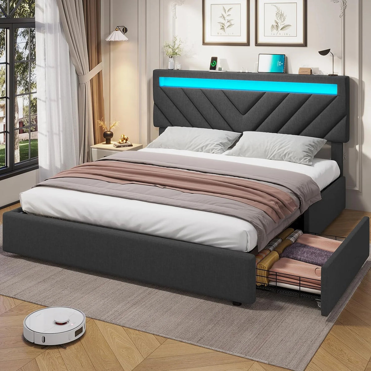 Queen Size LED Upholstered Platform Bed Frame with Drawers N851