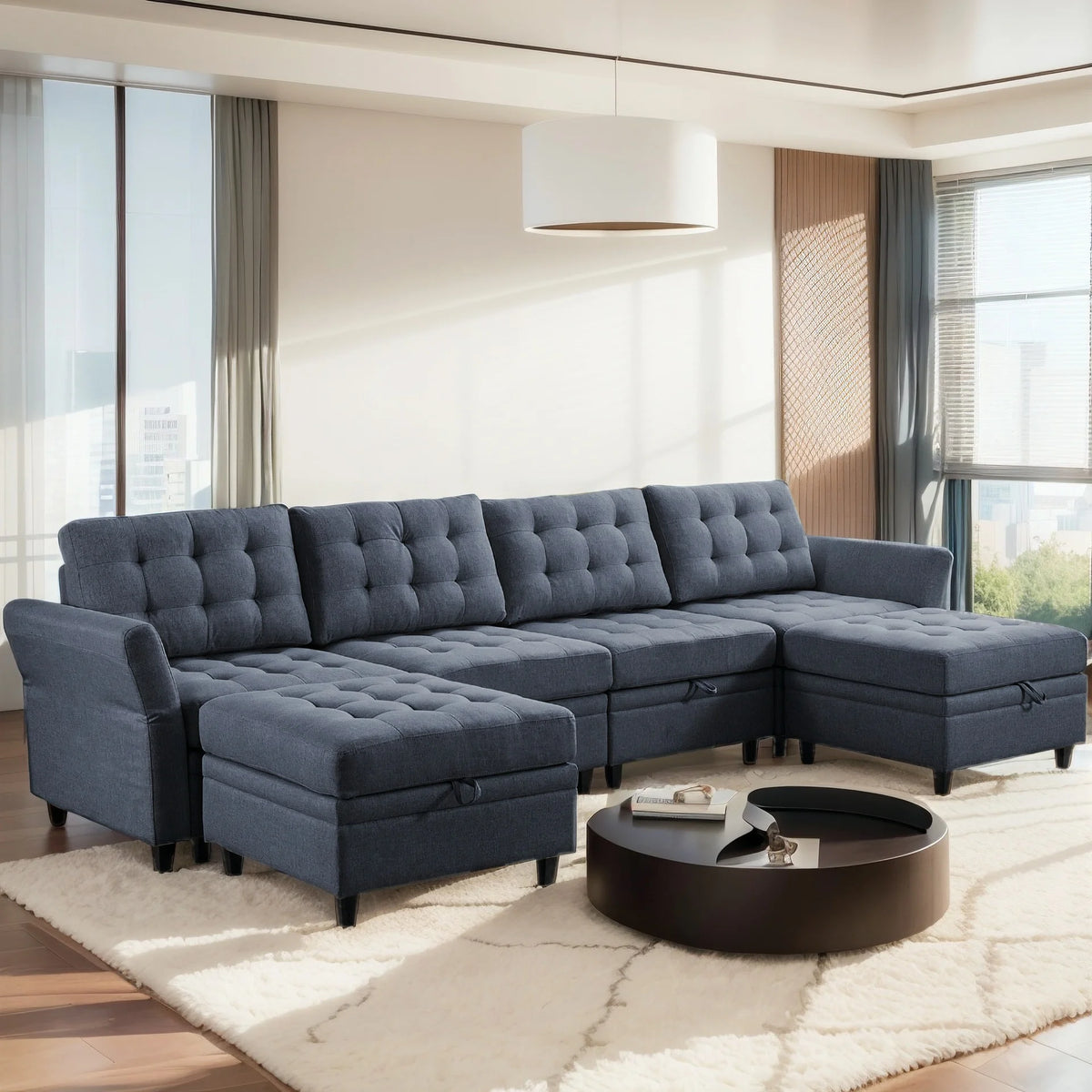 Dark Grey Convertible Sectional Sofa with Storage Ottomans M62808