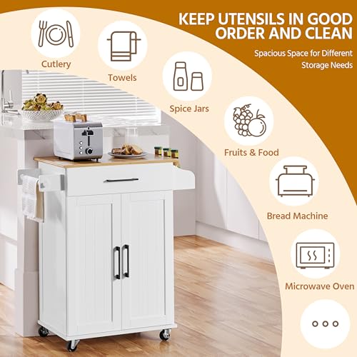 White Rolling Kitchen Cart with Bamboo Tabletop Q845
