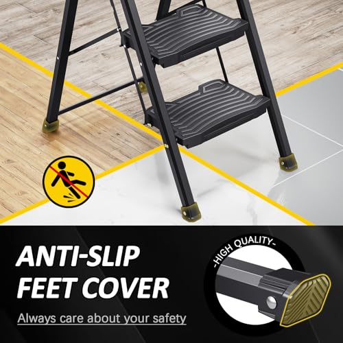4 Step Ladder with Tool Platform, Anti-Slip, Foldable, Black O470