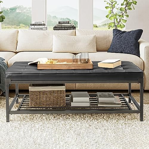 Tufted Leather Padded 2-Tier Coffee Table Ottoman F977373