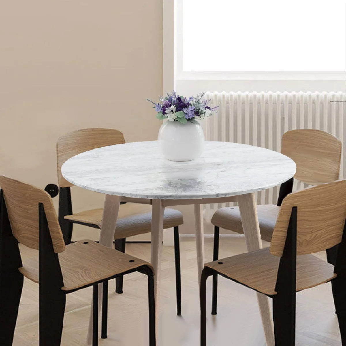 White and Beige Round Marble Dining Table V4680