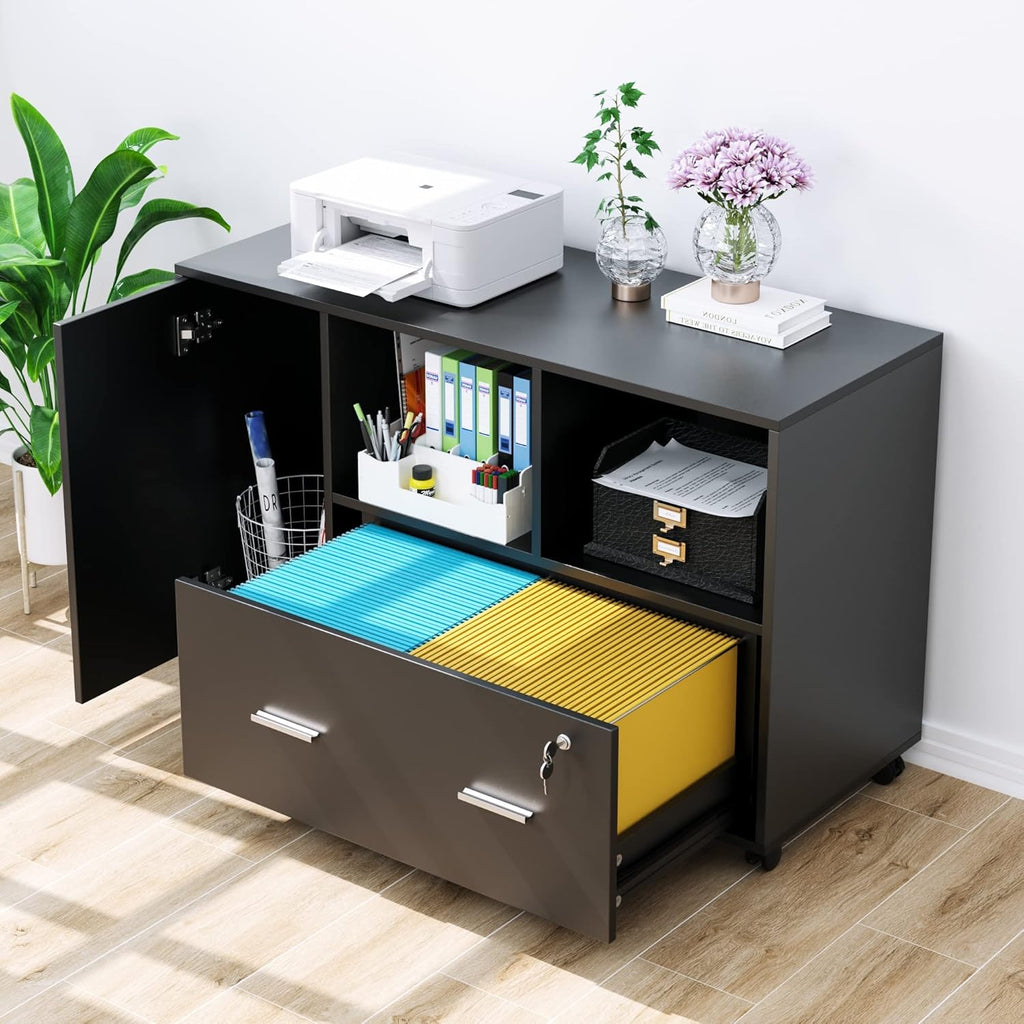 Black Wood File Cabinet with Drawers and Lock I6292
