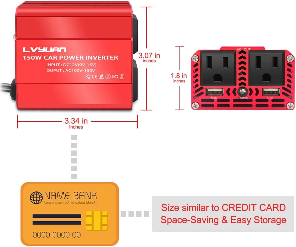 150W Car Power Inverter 12V to 110V AC with Dual USB L10290