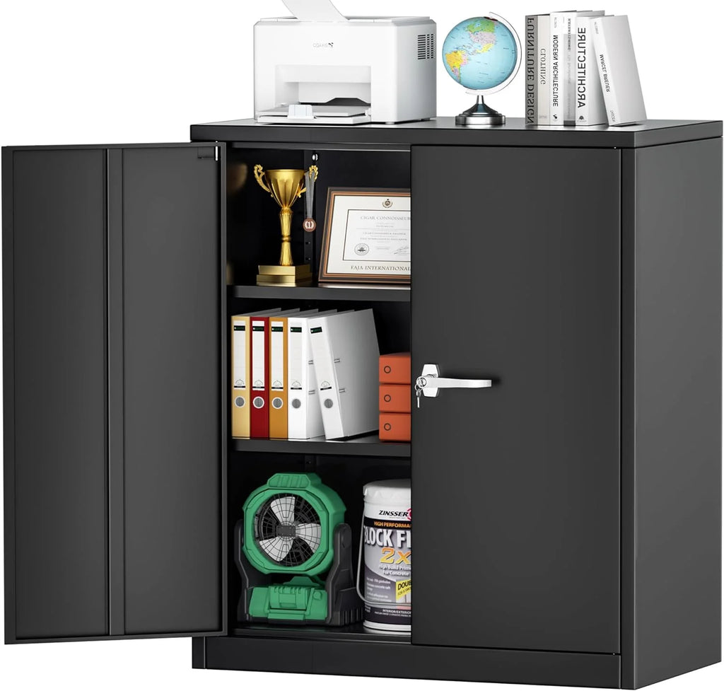 42 In Black Metal Storage Cabinet with Locking Doors and 2 Adjustable Shelves A600