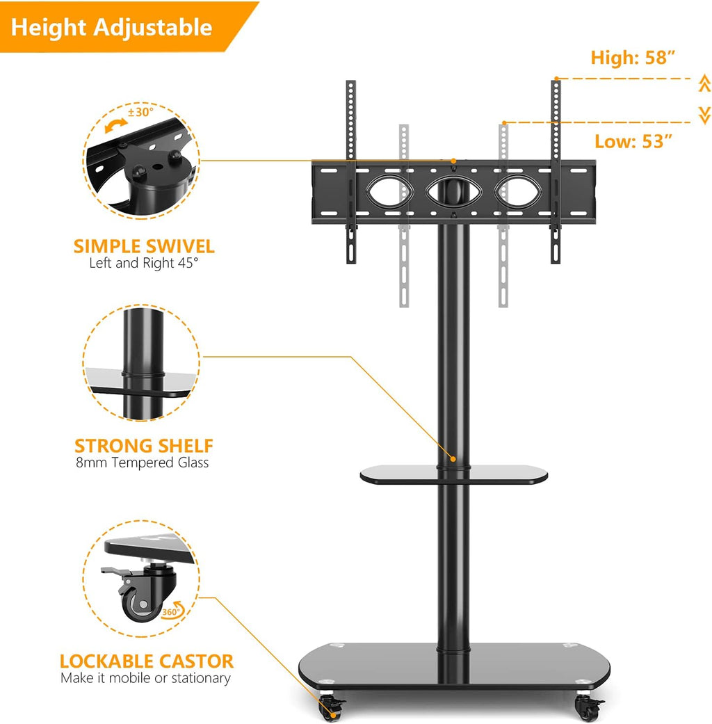 Rolling TV Cart Mobile TV Stand with Lockable Caster Wheels and Tempered Glass Shelves B5544