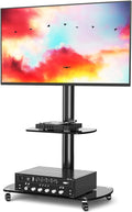 Rolling TV Cart Mobile TV Stand with Lockable Caster Wheels and Tempered Glass Shelves B5544