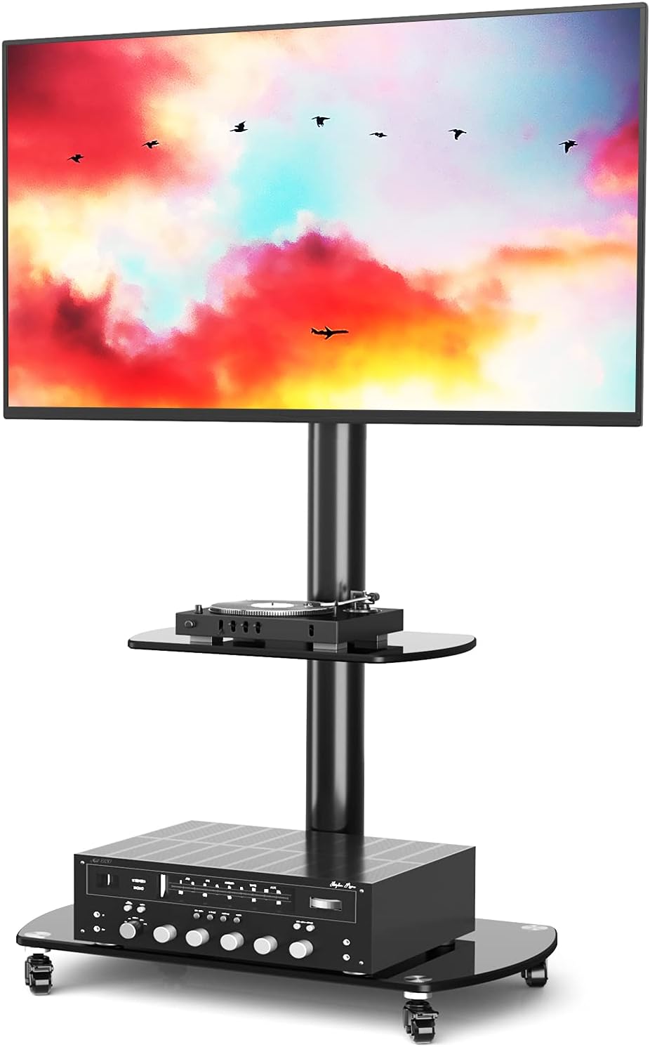 Rolling TV Cart Mobile TV Stand with Lockable Caster Wheels and Tempered Glass Shelves B5544