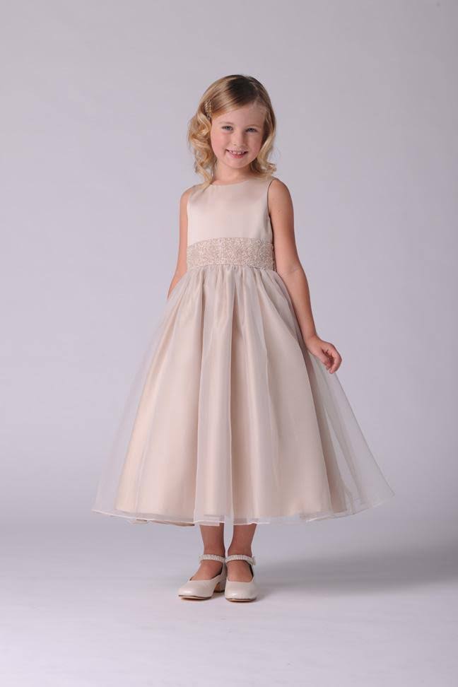 Champagne Beaded Sash Organza Dress K425
