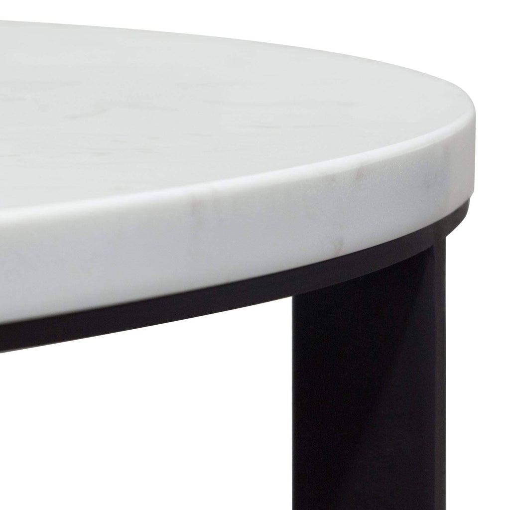 Round End Table with Engineered Marble Top and Black Metal Base E6473