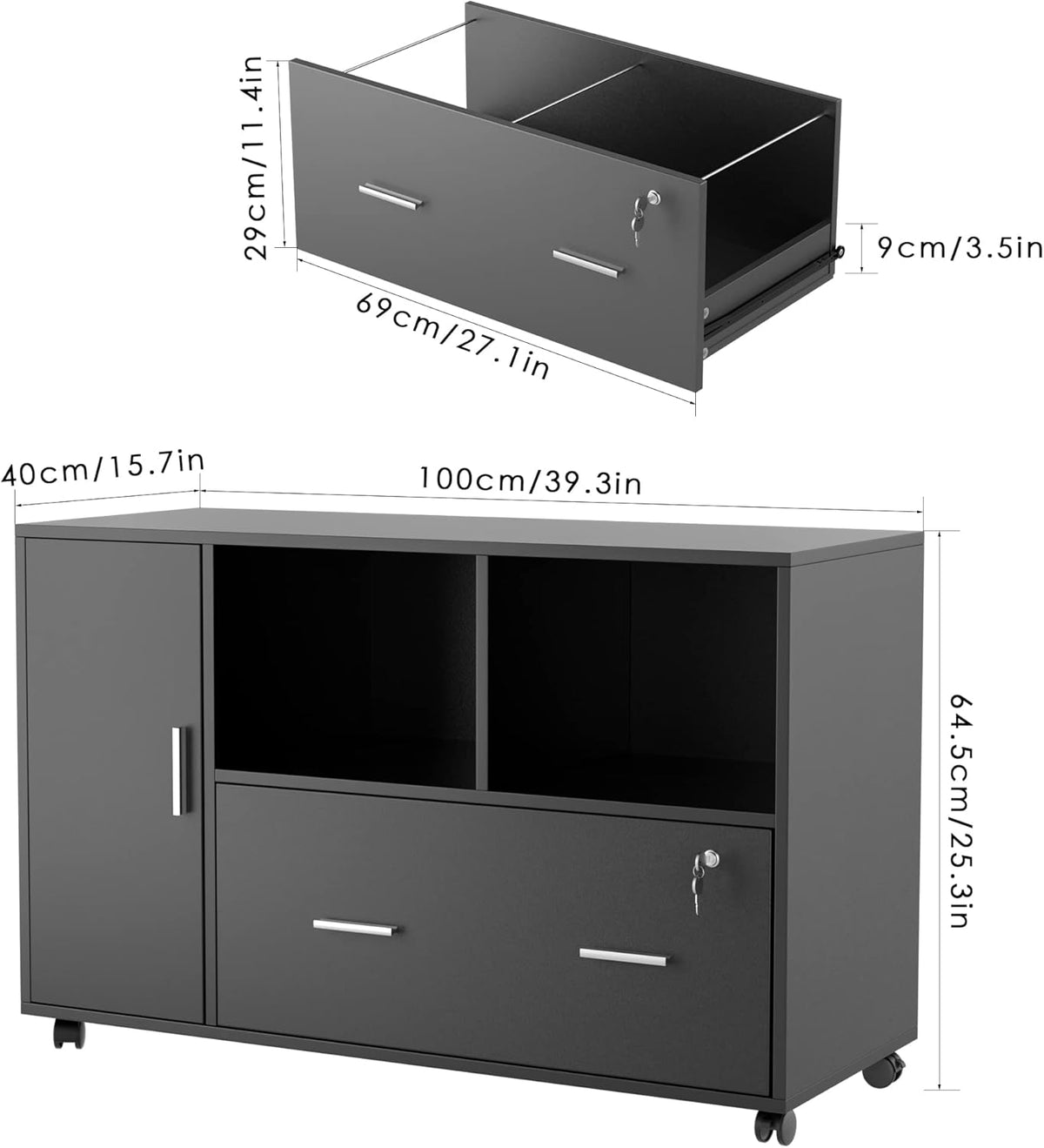 Black Wood File Cabinet with Drawers and Lock I6292
