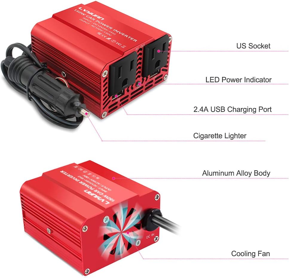 150W Car Power Inverter 12V to 110V AC with Dual USB L10290