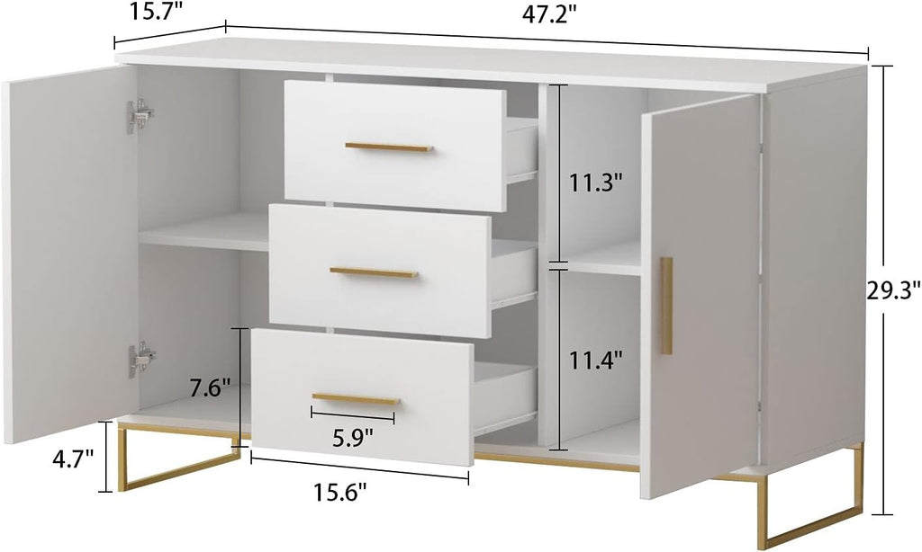White Modern Sideboard Buffet Storage Cabinet with Gold Metal Legs I38823